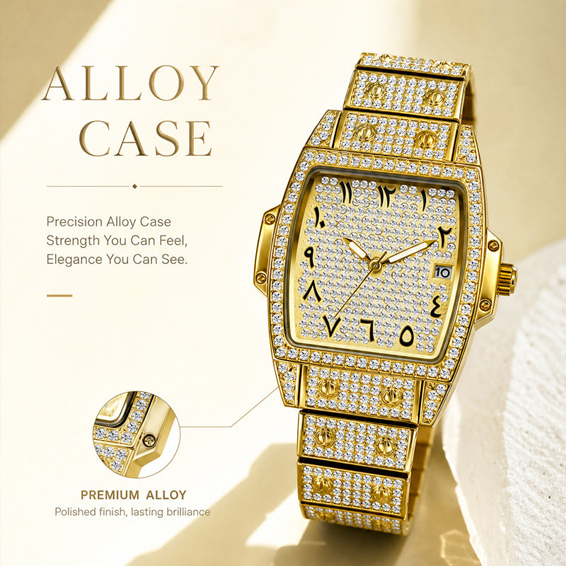 BELBI BELBL-8246 Live Edition Men's Iced Out Watch - Luxury Full Crystals Encrusted Tonneau Case Pave Dial Eastern Arabic Numerals 3H Date Metal Band Hiphop Wristwatch