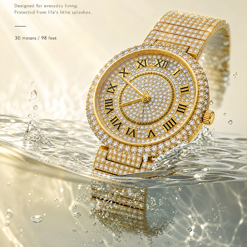 MISSFOX V377L Live Edition Men's Fully Iced Out Quartz Watch - 44mm Case Roman Numerals Pave Diamond Dial Coated Glass Metal Band Wristwatch
