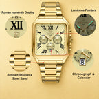 REWARD RD 812265M Quartz Watch - Live Edition Men's Luxury Square Case Full IPG Gold Roman Numerals Chronograph Luminous Hands Date Stainless Steel Band Wristwatch