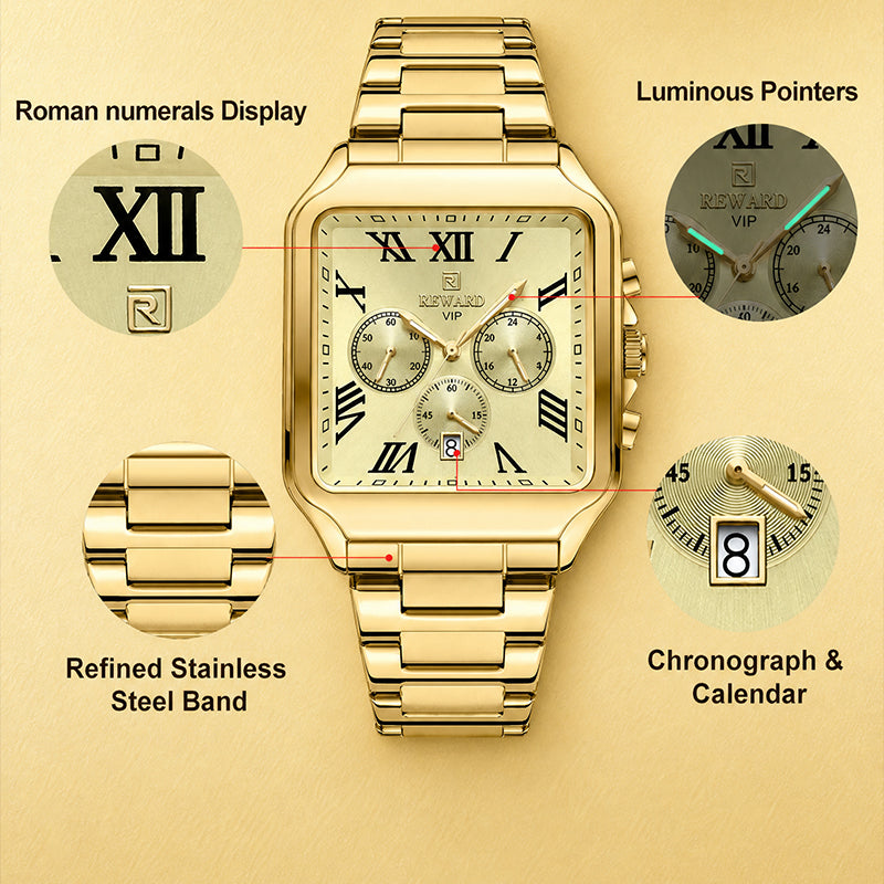 REWARD RD 812265M Quartz Watch - Live Edition Men's Luxury Square Case Full IPG Gold Roman Numerals Chronograph Luminous Hands Date Stainless Steel Band Wristwatch