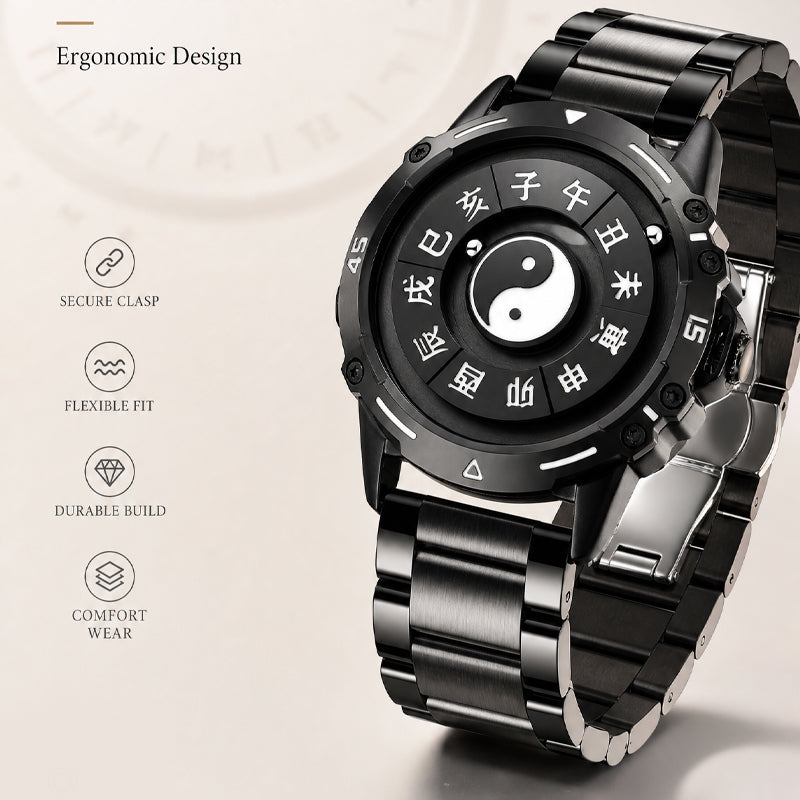 LONGBO LB83899 Quartz Watch - Live Edition Men's Tech 44mm Black Case No-Glass Magnetic Rolling Ball Pointerless Chinese Tai Chi Twelve Earthly Branches Theme Steel Link Bracelet Wristwatch