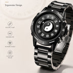 LONGBO LB83899 Quartz Watch - Live Edition Men's Tech 44mm Black Case No-Glass Magnetic Rolling Ball Pointerless Chinese Tai Chi Twelve Earthly Branches Theme Steel Link Bracelet Wristwatch