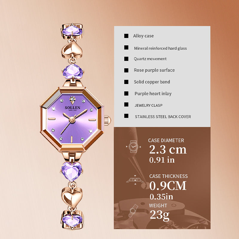 Sollen SL471 Quartz Watch - Women's Rose Gold Purple Chalcedony Jewelry Bracelet Faceted Glass Wristwatch