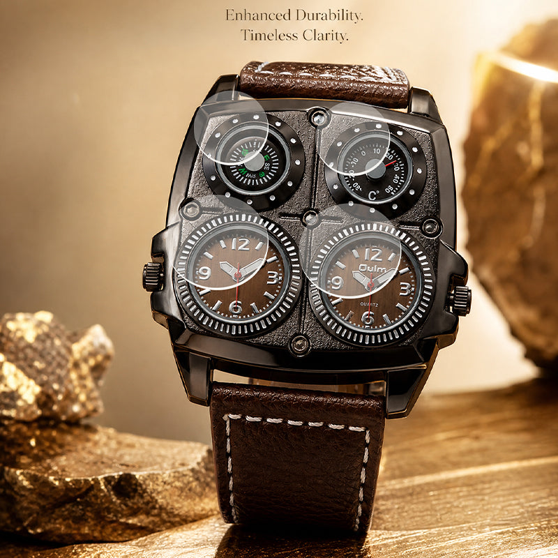 Oulm HP1140 Quartz Watch - Live Edition Men's Heavy Steampunk Dual Time Zone Industrial Black Case Luminous Hands Compass Wide Leather Strap Tactical Wristwatch