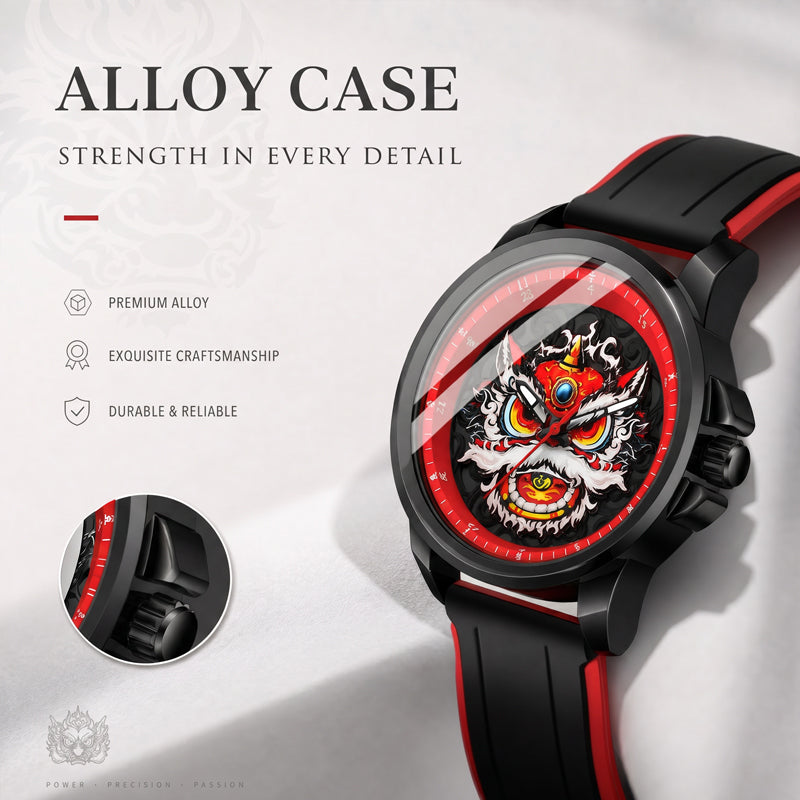 WLS6158 Quartz Watch - Live Edition Men's Streetwear 43mm Black Case Chinese Lion Dance Cultural Dial Luminous Facing Sport Silicone Elastic Woven Strap Wristwatch