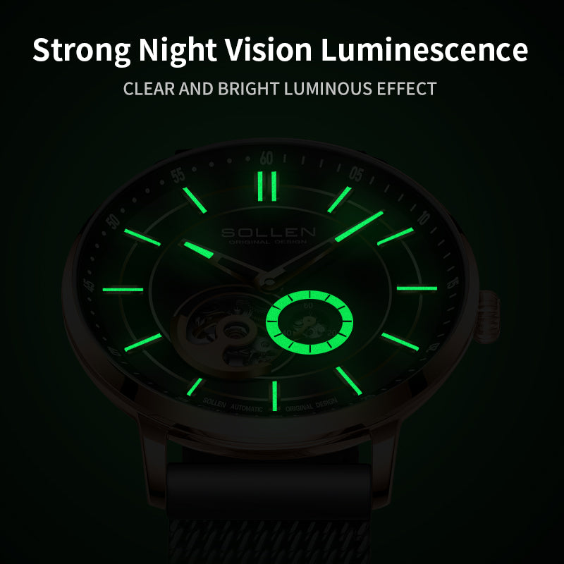 Sollen SL365 Men's Open Heart Automatic Mechanical Watch - 42mm Stainless Steel Case Slim 9.9mm Miyota 82S5 Movement Small Seconds Mesh Bracelet Wristwatch