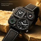 Oulm HP1169 Quartz Watch - Live Edition Men's Heavy Steampunk Dual Time Zone Industrial Black Case Luminous Hands Compass Leather Strap Tactical Wristwatch