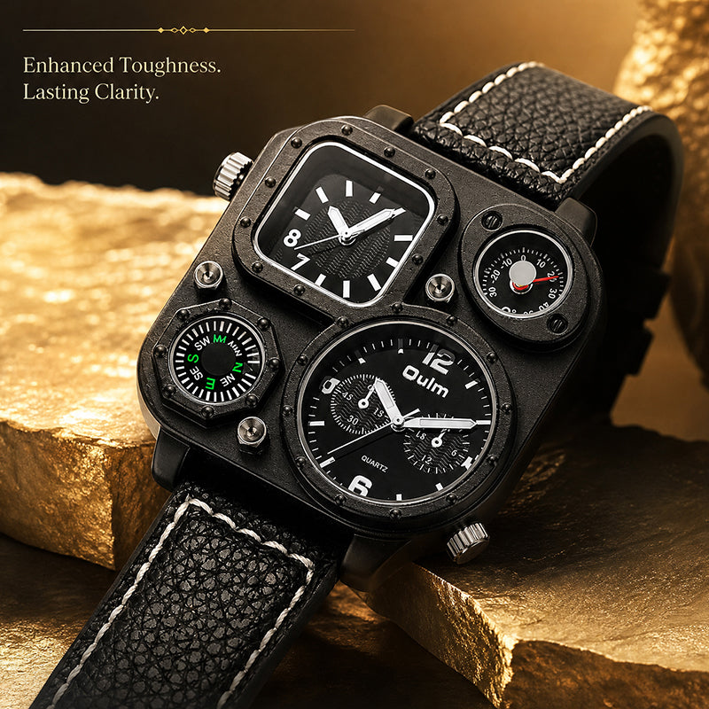 Oulm HP1169 Quartz Watch - Live Edition Men's Heavy Steampunk Dual Time Zone Industrial Black Case Luminous Hands Compass Leather Strap Tactical Wristwatch