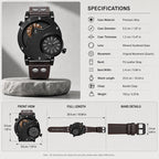 Oulm HP9591 Quartz Watch - Live Edition Men's Heavy Steampunk Dual Time Zone Industrial Black Case Luminous Hands Wide Leather Strap Tactical Wristwatch