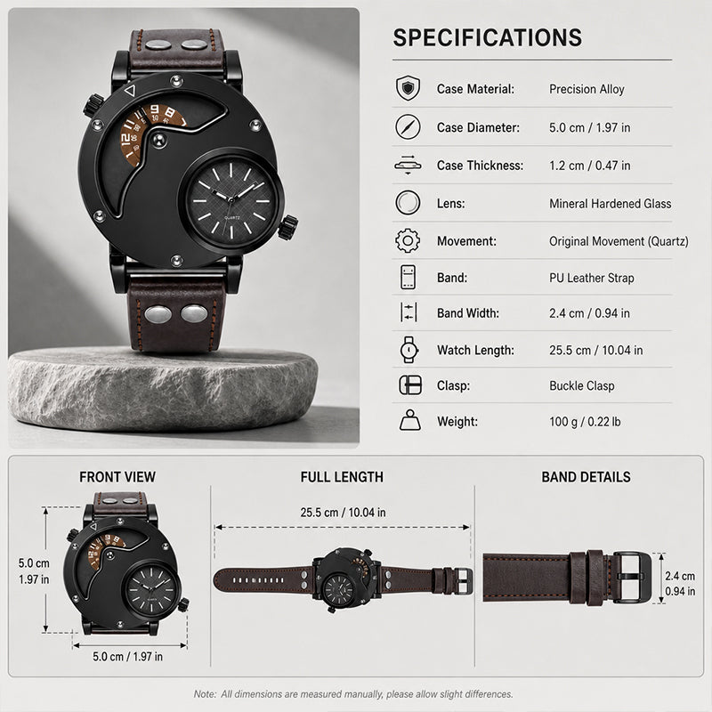 Oulm HP9591 Quartz Watch - Live Edition Men's Heavy Steampunk Dual Time Zone Industrial Black Case Luminous Hands Wide Leather Strap Tactical Wristwatch