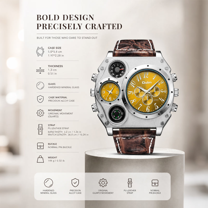 Oulm HP1349 Quartz Watch - Live Edition Men's Heavy Steampunk Dual Time Zone Industrial Matte Case Luminous Hands Compass Wide Leather Strap Tactical Wristwatch