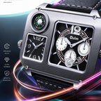 Oulm HP9150 Quartz Watch - Live Edition Men's Heavy Steampunk Dual Time Zone Industrial Black Case Luminous Hands Compass Wide Leather Strap Tactical Wristwatch
