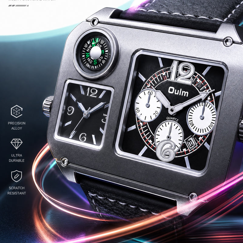 Oulm HP9150 Quartz Watch - Live Edition Men's Heavy Steampunk Dual Time Zone Industrial Black Case Luminous Hands Compass Wide Leather Strap Tactical Wristwatch