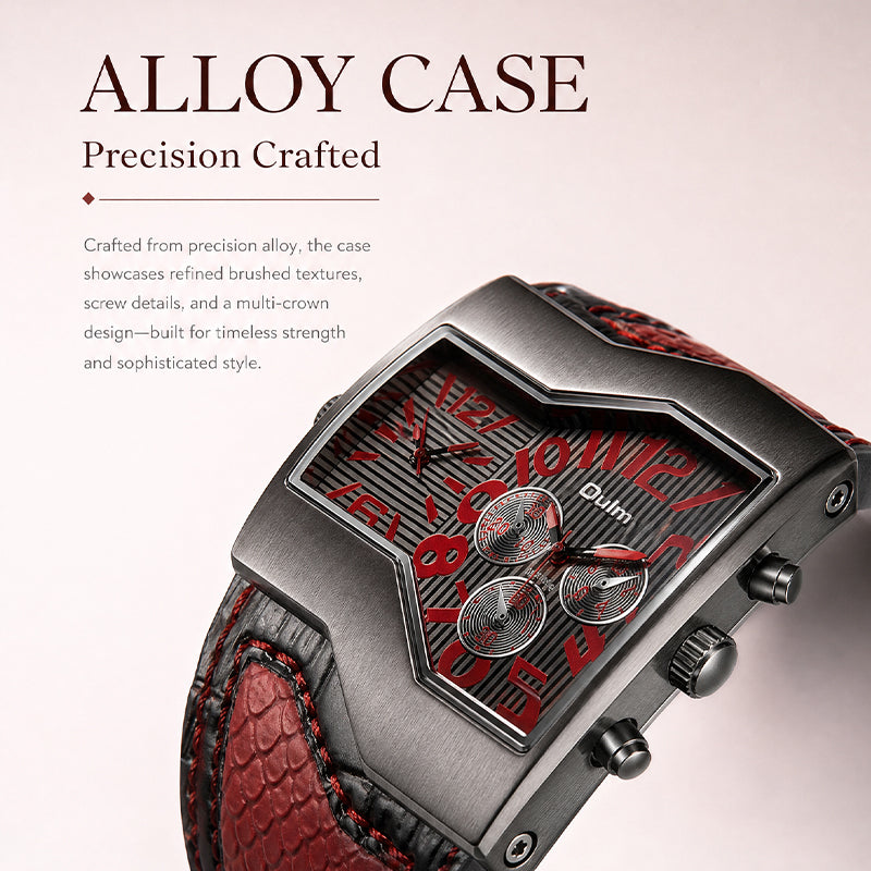 Oulm HP1220 Quartz Watch - Live Edition Men's Steampunk Dual Time Zone Asymmetrical IPB Black Case 44mm Wide PU Leather Cuff Band Wristwatch