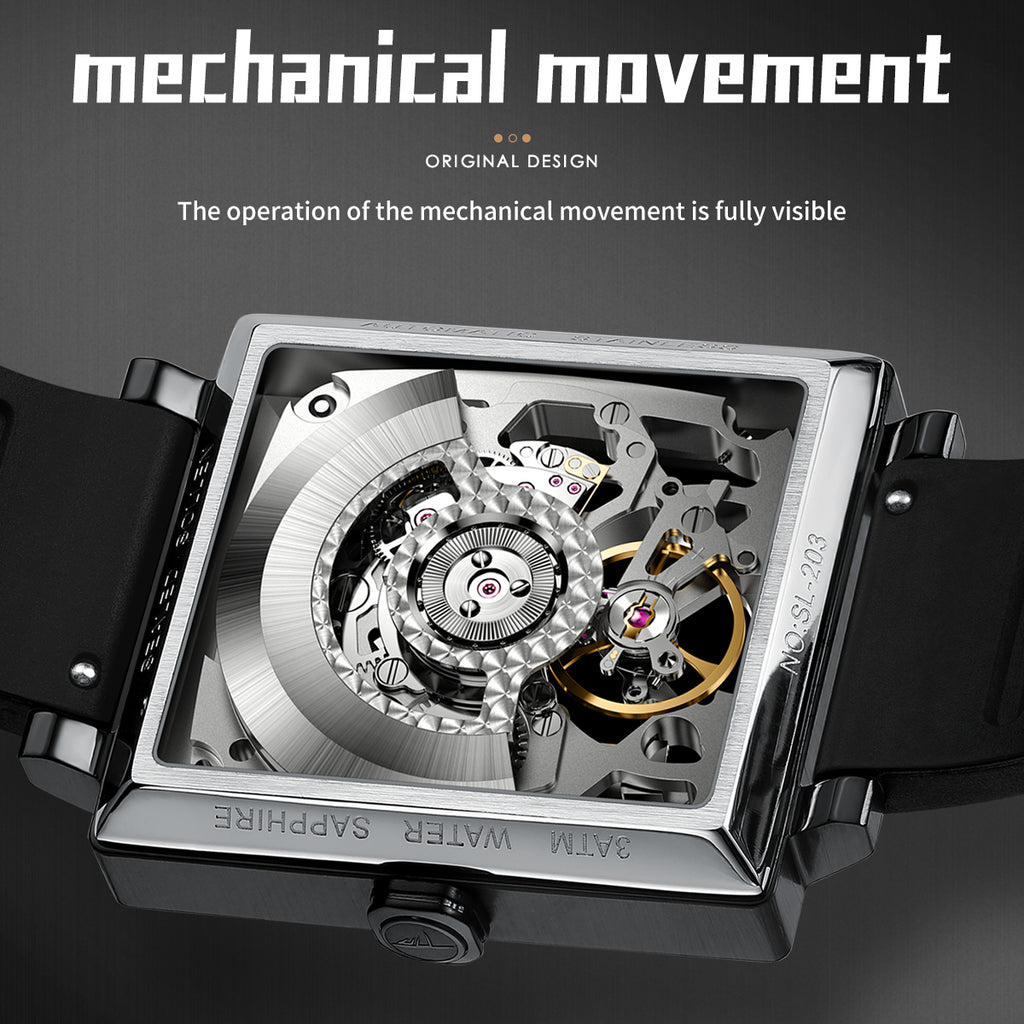 Sollen SL205 Men's Square Skeleton Automatic Mechanical Watch - 35x38mm Stainless Steel Case Sapphire Crystal Open Dial Fluororubber Strap Wristwatch