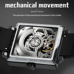 Sollen SL205 Men's Square Skeleton Automatic Mechanical Watch - 35x38mm Stainless Steel Case Sapphire Crystal Open Dial Fluororubber Strap Wristwatch
