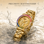 JEMSDUN JSD1838 Live Edition Men's Rainbow Daytona Style Chronograph Quartz Watch - 40mm Gold Case Rainbow Baguette Crystal Bezel Black Dial Metal Band Wristwatch