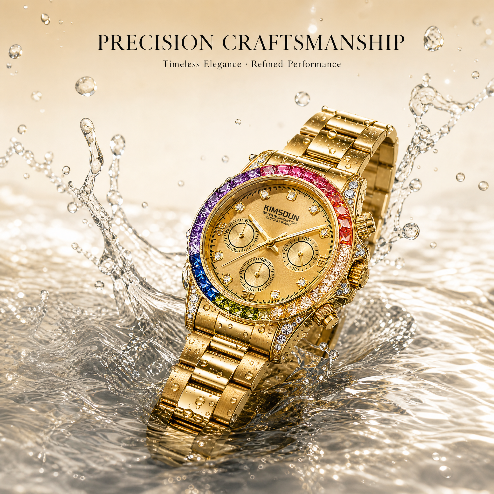 JEMSDUN JSD1838 Live Edition Men's Rainbow Daytona Style Chronograph Quartz Watch - 40mm Gold Case Rainbow Baguette Crystal Bezel Black Dial Metal Band Wristwatch