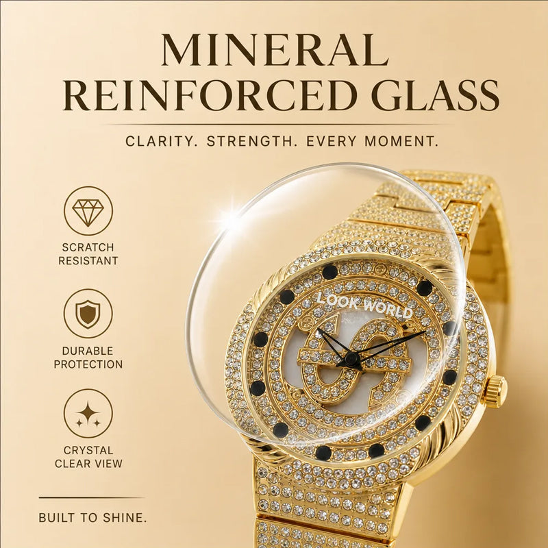 LOOK WORLD RKS257 Live Edition Men's Iced Out Watch - Luxury Full Crystals Encrusted Round Case Creative Spinning Dollar Sign Dial Metal Band Hiphop Wristwatch