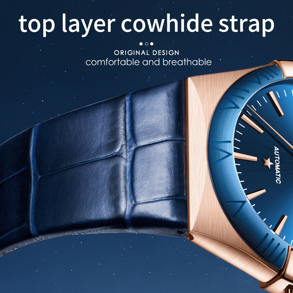Sollen 9065 Automatic Watch - Men's Dress 12 Bar Marker Date Blue Sunray Dial Genuine Leather Strap Wristwatch