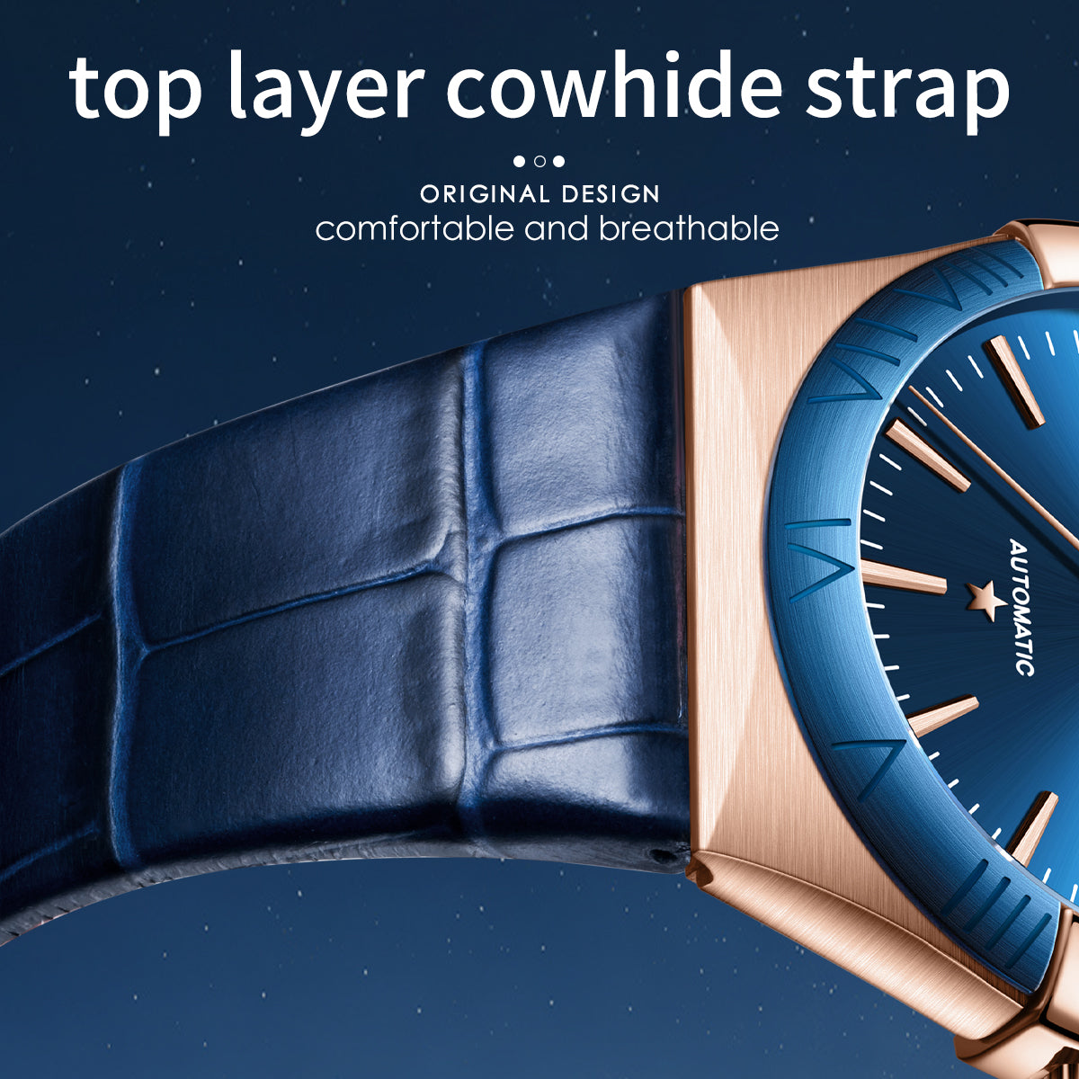 Sollen 9065 Automatic Watch - Men's Dress 12 Bar Marker Date Blue Sunray Dial Genuine Leather Strap Wristwatch