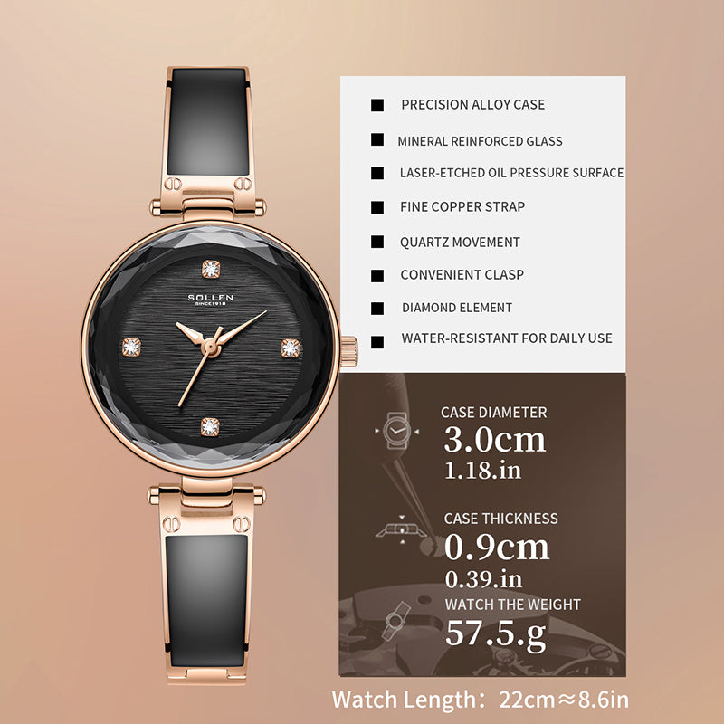 Sollen SL428 Women's Quartz Watch - 30mm Swarovski Zirconia Markers Luminous Hands Resin Inlay Bracelet Wristwatch