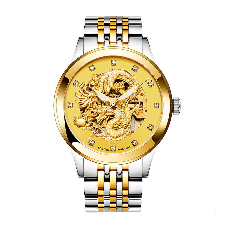 Sollen SL602 Automatic Watch - Men's Embossed Dragon Skeleton Dial Stainless Steel 5-Bead Bracelet Wristwatch