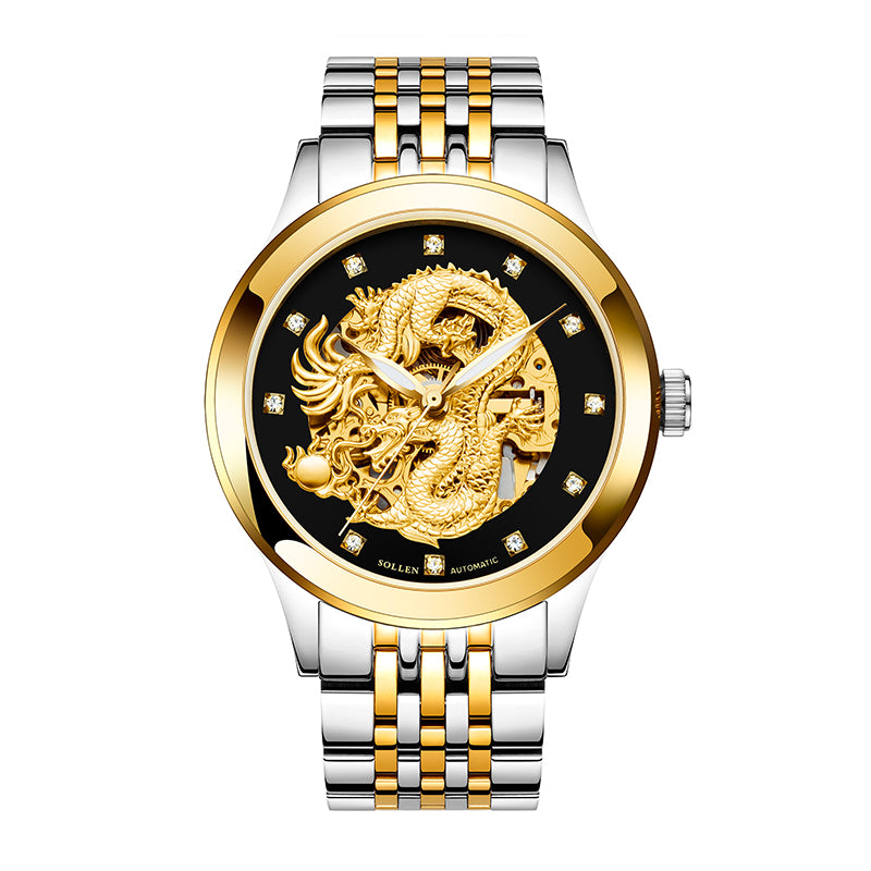 Sollen SL602 Automatic Watch - Men's Embossed Dragon Skeleton Dial Stainless Steel 5-Bead Bracelet Wristwatch