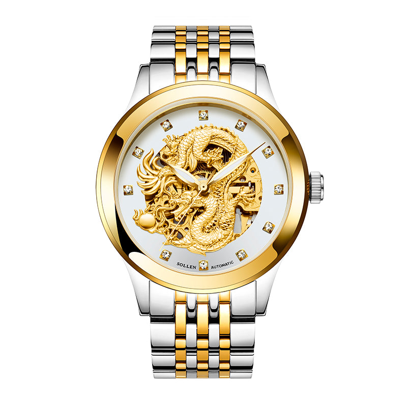 Sollen SL602 Automatic Watch - Men's Embossed Dragon Skeleton Dial Stainless Steel 5-Bead Bracelet Wristwatch