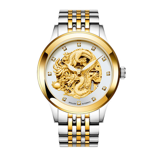 Sollen SL602 Automatic Watch - Men's Embossed Dragon Skeleton Dial Stainless Steel 5-Bead Bracelet Wristwatch