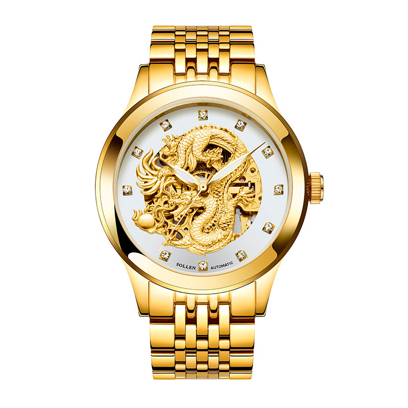 Sollen SL602 Automatic Watch - Men's Embossed Dragon Skeleton Dial Stainless Steel 5-Bead Bracelet Wristwatch