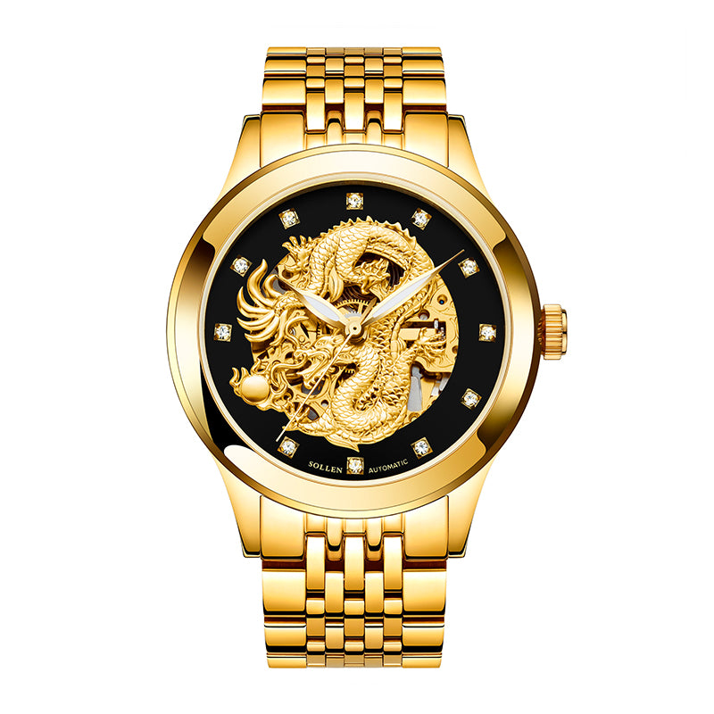 Sollen SL602 Automatic Watch - Men's Embossed Dragon Skeleton Dial Stainless Steel 5-Bead Bracelet Wristwatch