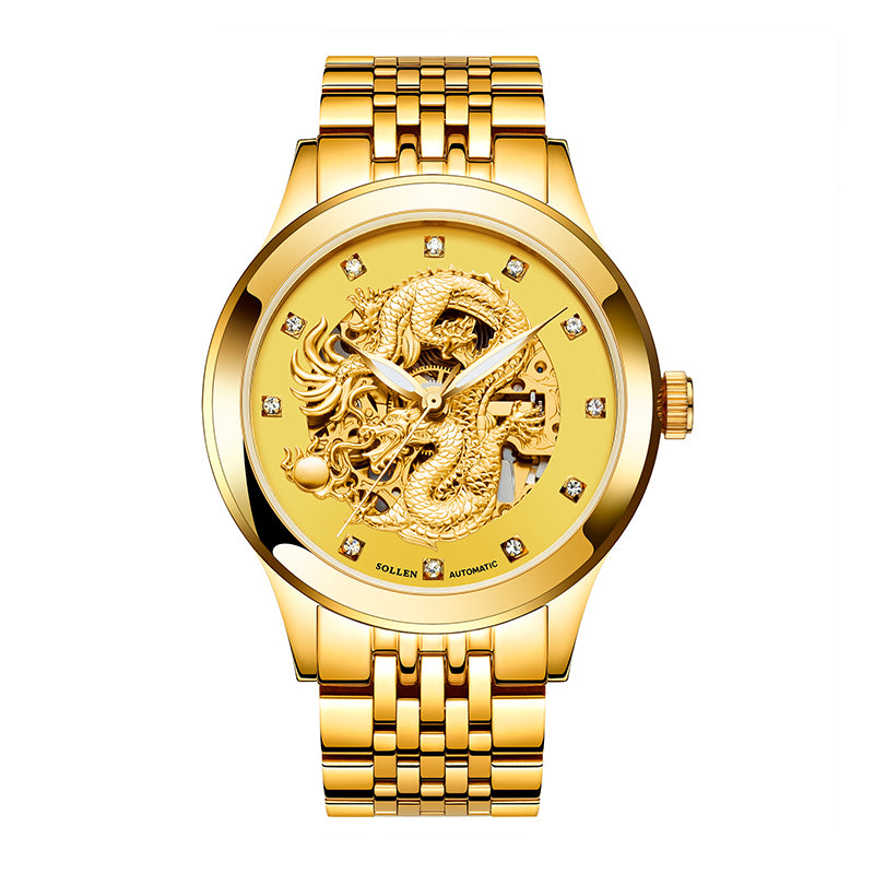 Sollen SL602 Automatic Watch - Men's Embossed Dragon Skeleton Dial Stainless Steel 5-Bead Bracelet Wristwatch