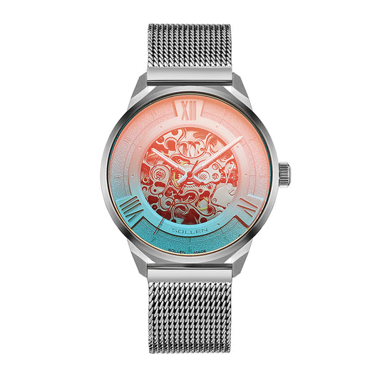Sollen SL605 Automatic Watch - Men's Skeleton Mechanical Magic Glass Mesh and Rubber Strap Wristwatch