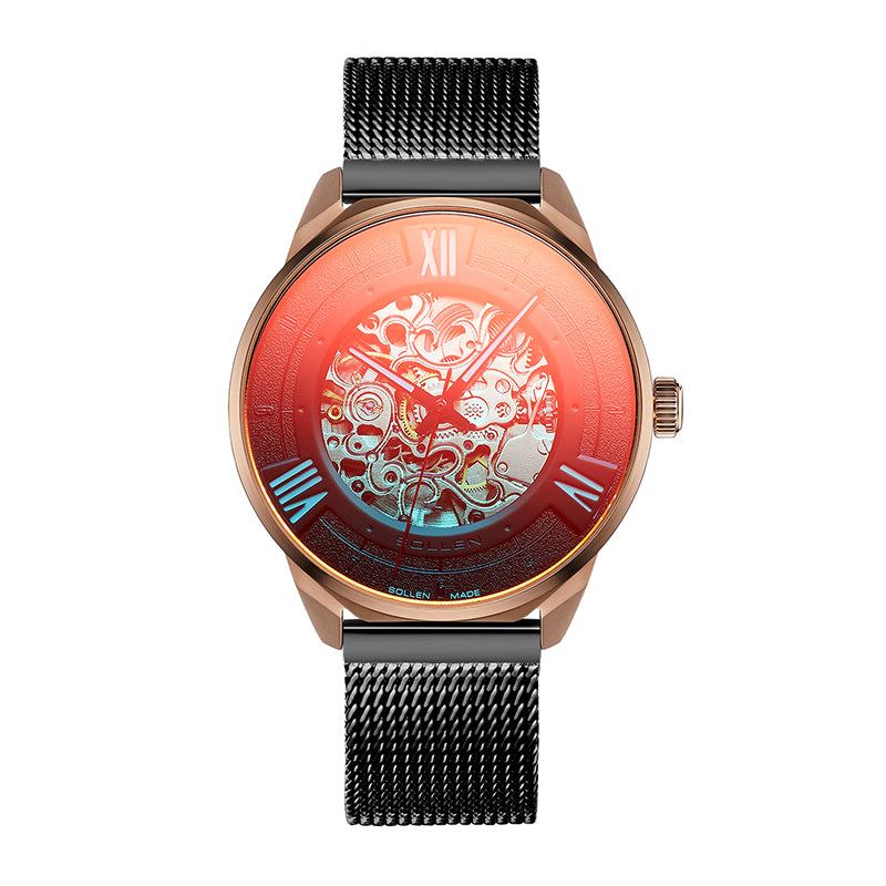 Sollen SL605 Automatic Watch - Men's Skeleton Mechanical Magic Glass Mesh and Rubber Strap Wristwatch