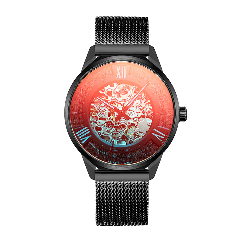 Sollen SL605 Automatic Watch - Men's Skeleton Mechanical Magic Glass Mesh and Rubber Strap Wristwatch