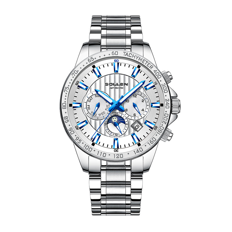 Sollen SL608 Automatic Watch - Men's Multi-Function Moonphase Stainless Steel 5-Bead Bracelet Wristwatch