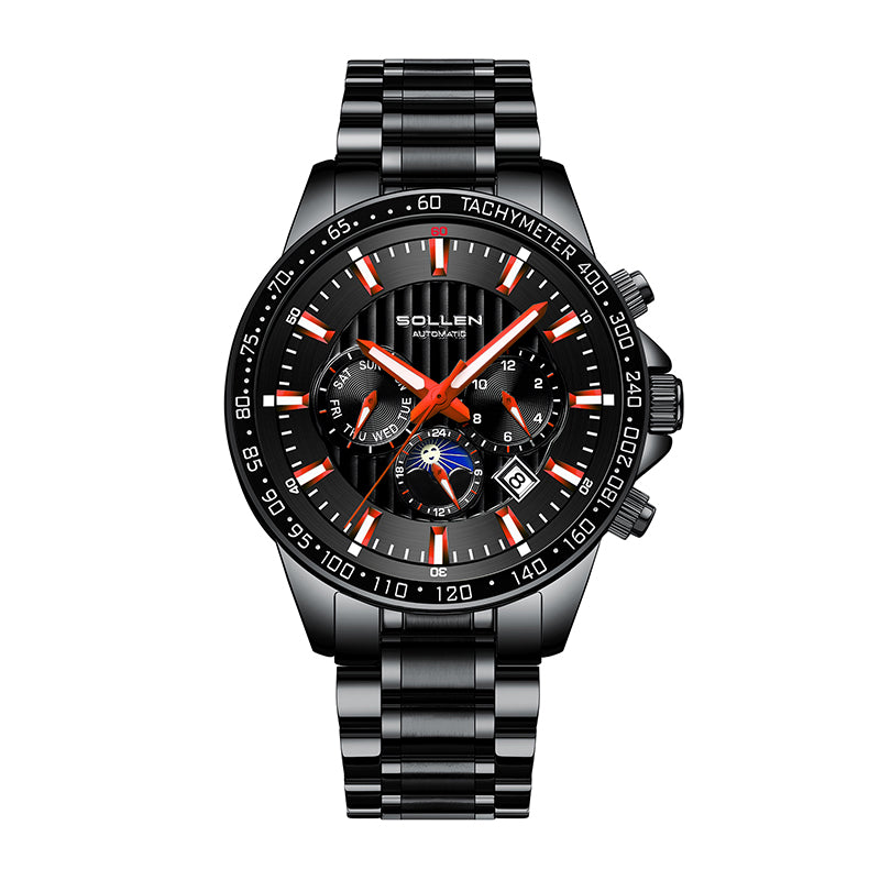 Sollen SL608 Automatic Watch - Men's Multi-Function Moonphase Stainless Steel 5-Bead Bracelet Wristwatch