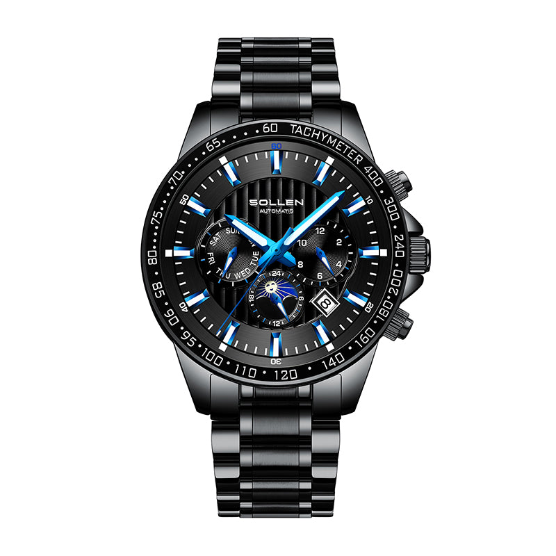Sollen SL608 Automatic Watch - Men's Multi-Function Moonphase Stainless Steel 5-Bead Bracelet Wristwatch
