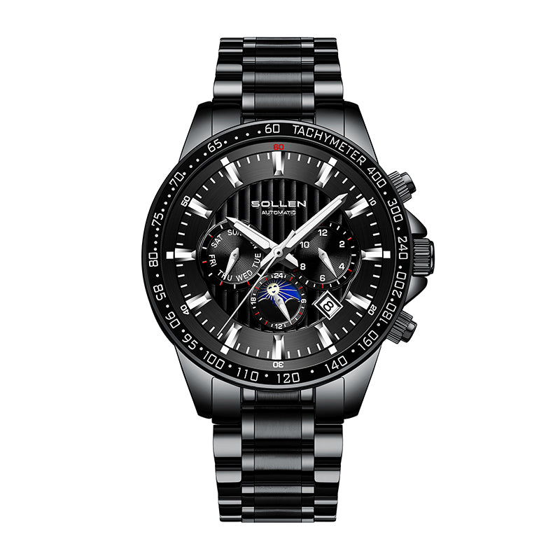 Sollen SL608 Automatic Watch - Men's Multi-Function Moonphase Stainless Steel 5-Bead Bracelet Wristwatch