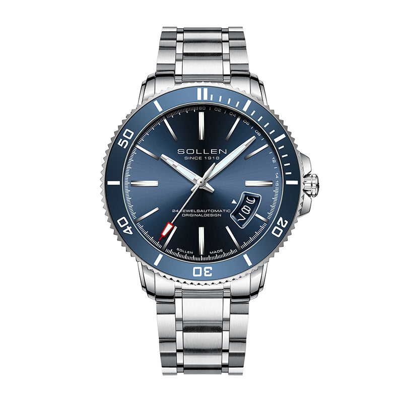 Sollen SL609 Automatic Watch - Men's Stainless Steel 5-Bead Bracelet Rotatable Bezel Seiko NH35A Wristwatch