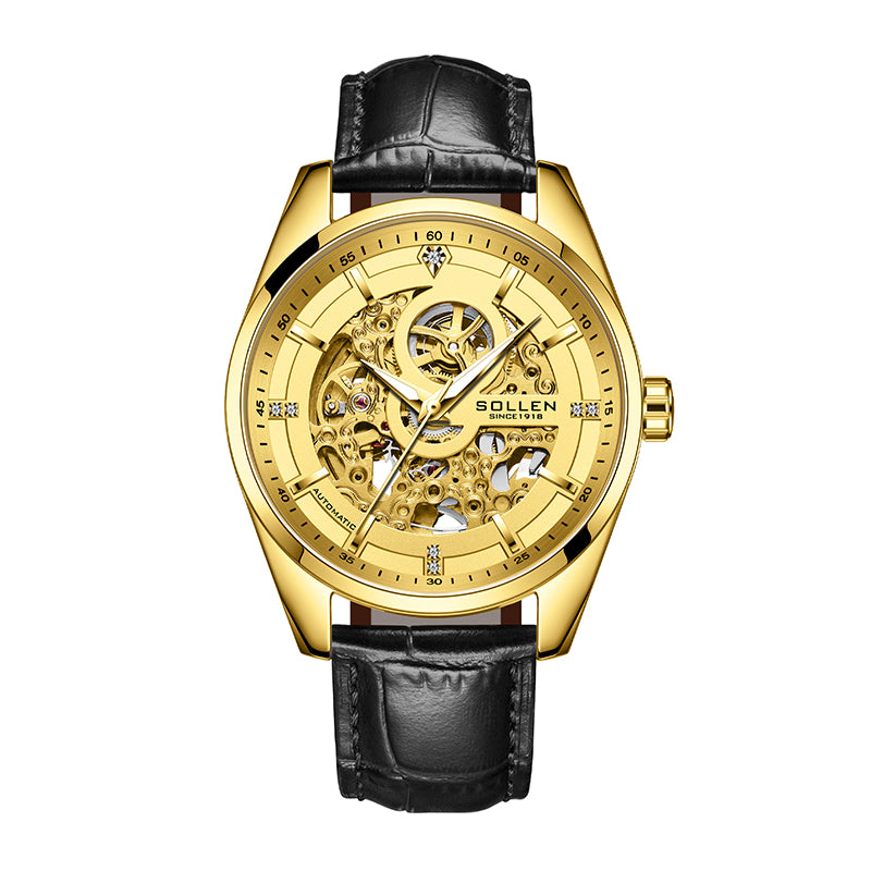 Sollen SL610 Automatic Watch - Men's All-Gold Case Double-Sided Engraved Skeleton Dial Premium Leather Strap Wristwatch