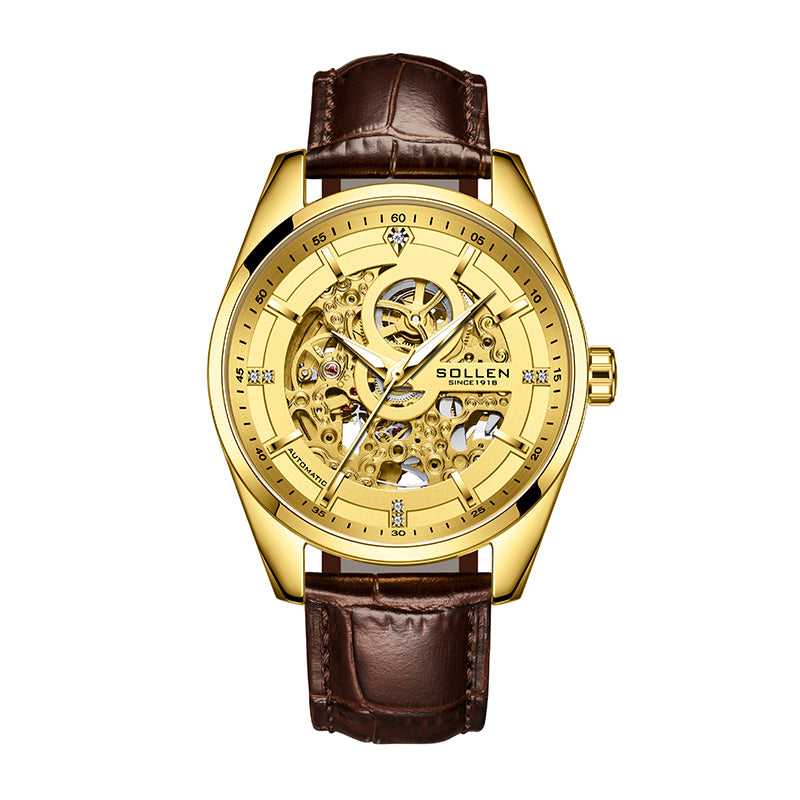 Sollen SL610 Automatic Watch - Men's All-Gold Case Double-Sided Engraved Skeleton Dial Premium Leather Strap Wristwatch
