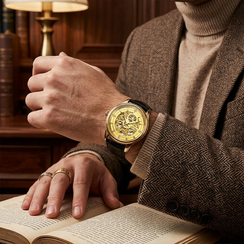 Sollen SL610 Automatic Watch - Men's All-Gold Case Double-Sided Engraved Skeleton Dial Premium Leather Strap Wristwatch
