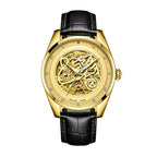 Sollen SL612 Automatic Watch - Men's All-Gold Case Embossed Tiger Skeleton Dial Premium Leather Strap Wristwatch