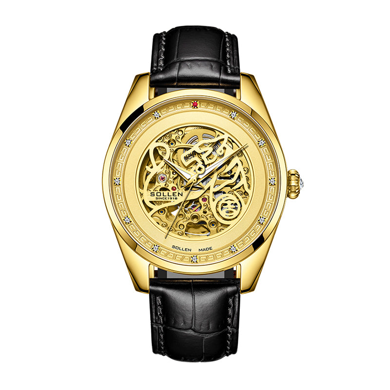 Sollen SL612 Automatic Watch - Men's All-Gold Case Embossed Tiger Skeleton Dial Premium Leather Strap Wristwatch