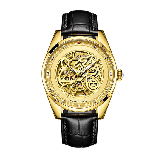 Sollen SL612 Automatic Watch - Men's All-Gold Case Embossed Tiger Skeleton Dial Premium Leather Strap Wristwatch