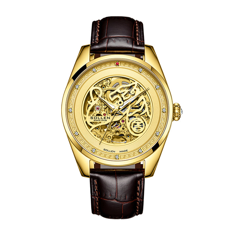 Sollen SL612 Automatic Watch - Men's All-Gold Case Embossed Tiger Skeleton Dial Premium Leather Strap Wristwatch