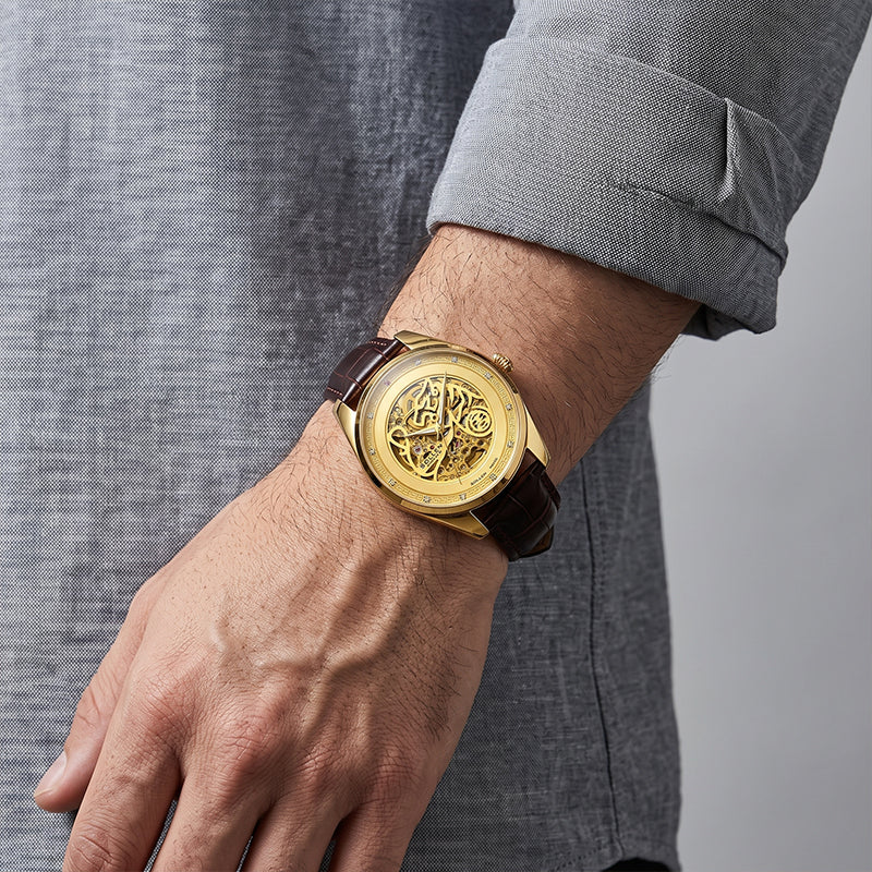 Sollen SL612 Automatic Watch - Men's All-Gold Case Embossed Tiger Skeleton Dial Premium Leather Strap Wristwatch