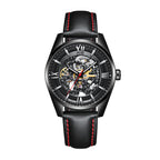 Sollen SL615 Automatic Watch - Men's Double-Sided Engraved Skeleton Dial Luminous Leather Strap Wristwatch